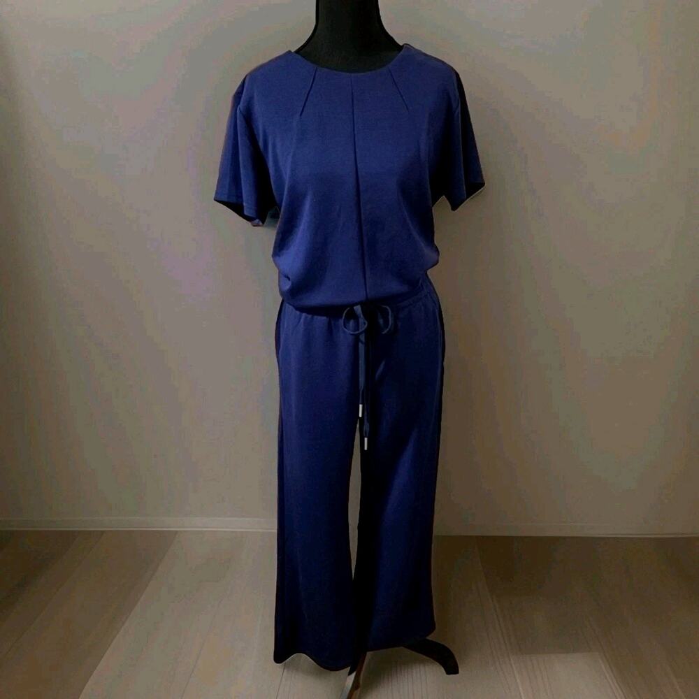 Women's M Navy Blue Set Wide Leg Pants Tailored‎ Short Sleeve Set Comfort Soft